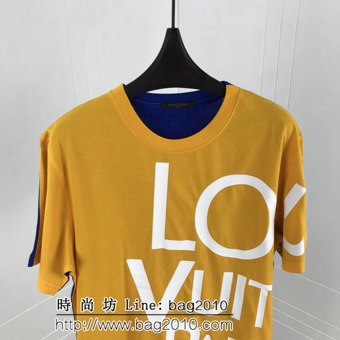LV路易威登 19ss 國外官網限量款 前後拼色 左側大字母印花 純棉黃色短袖 男女同款 ydi1867